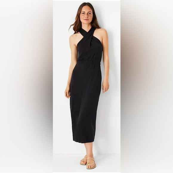 Ann Taylor Black Crossover Halter Sweater Dress size medium - Picture 1 of 16